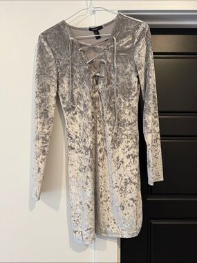 Forever 21 Silver Crushed Velvet Lace-Up Long Sleeve Dress